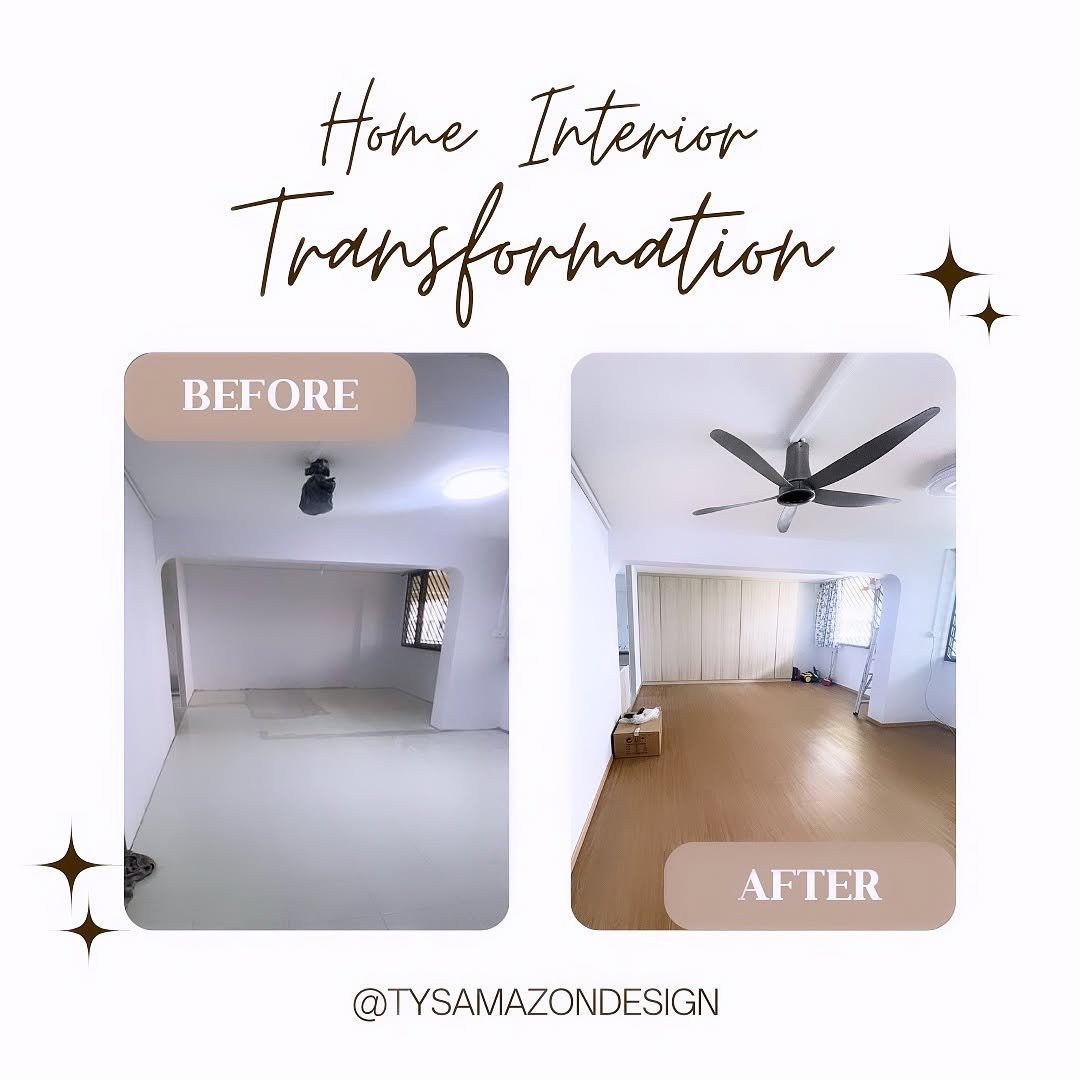 Before and after living room renovation with new flooring and ceiling fan