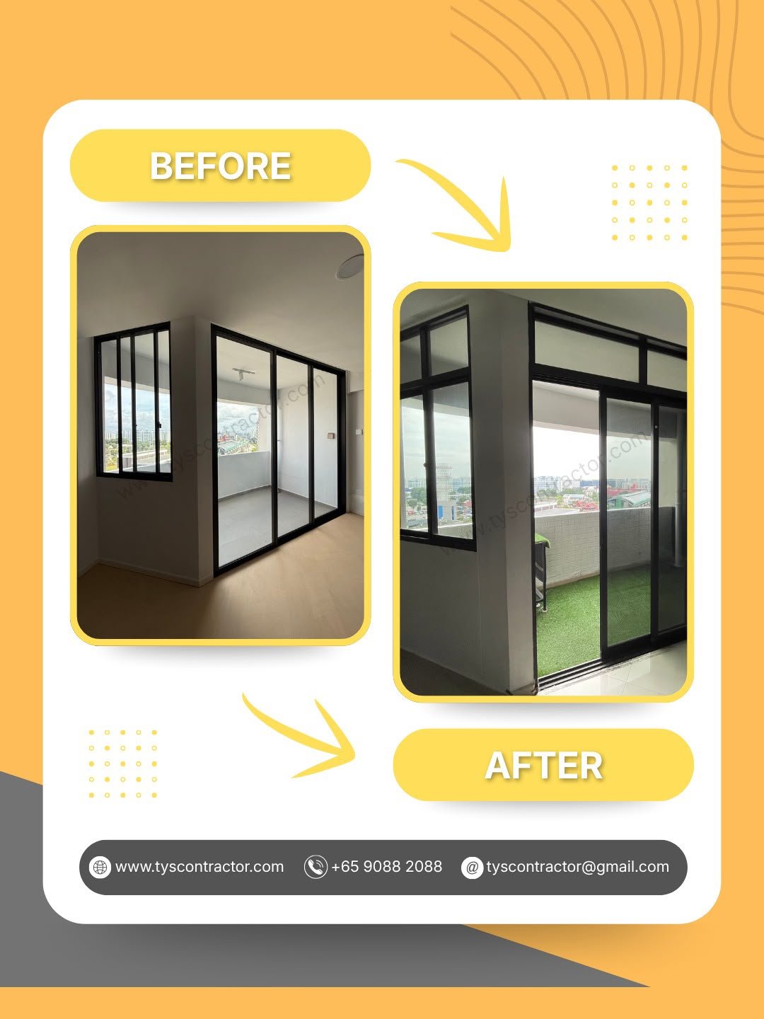 Before and after balcony enclosure with black-framed glass doors and artificial turf