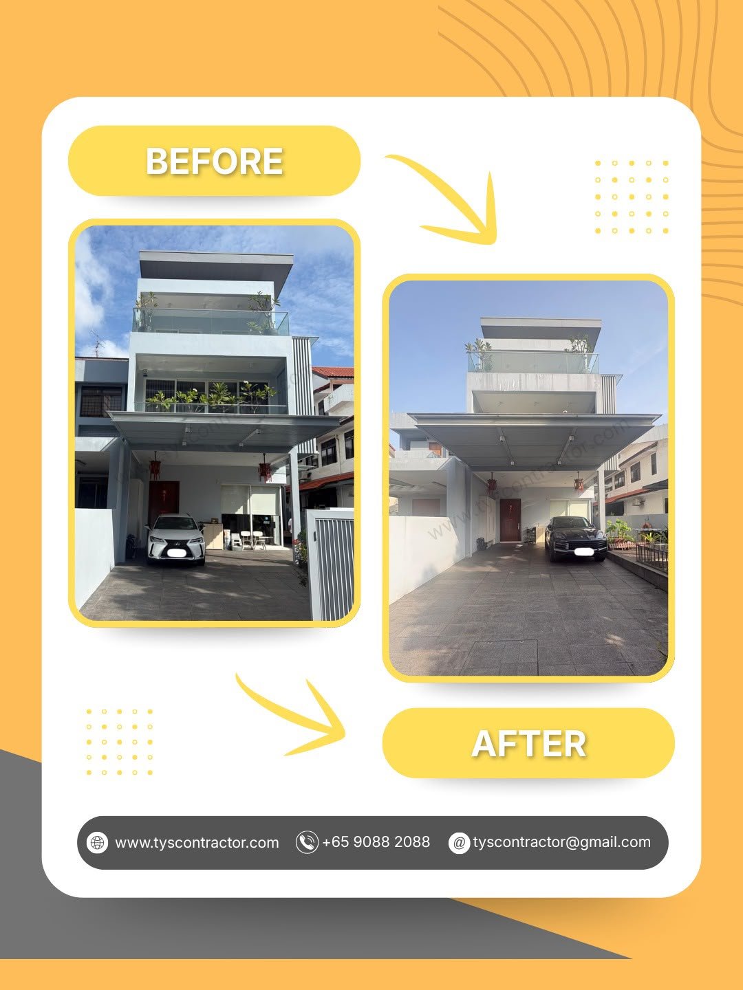 Before and after landed house driveway and carport renovation