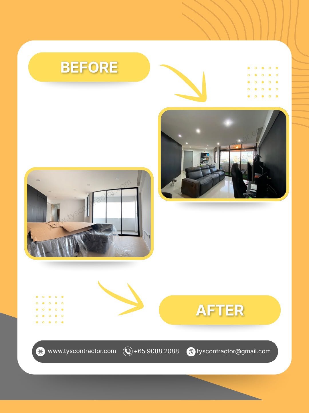 Before and after living room renovation with new flooring and lighting