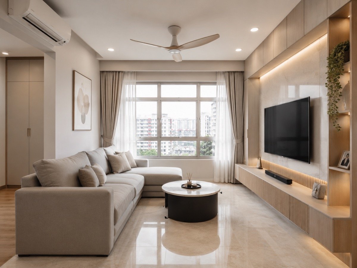 Minimalist HDB living room with feature TV wall