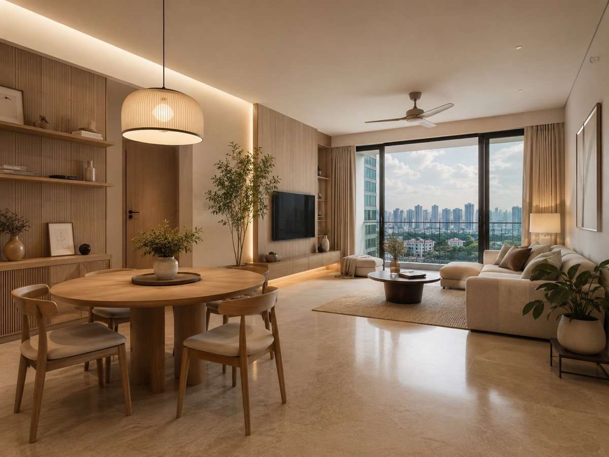 Warm Japandi-style living and dining area renovated by TYS Contractor