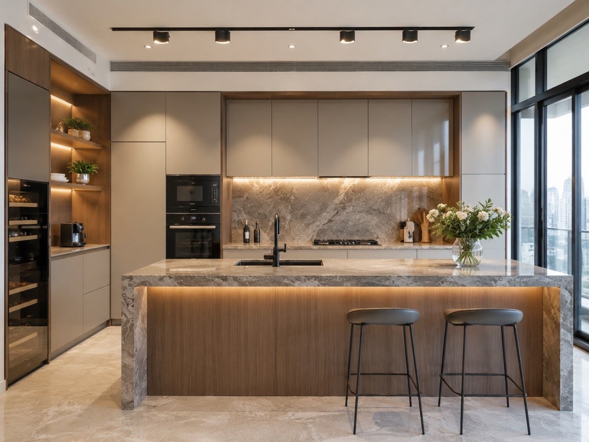 Designer condo kitchen with marble island