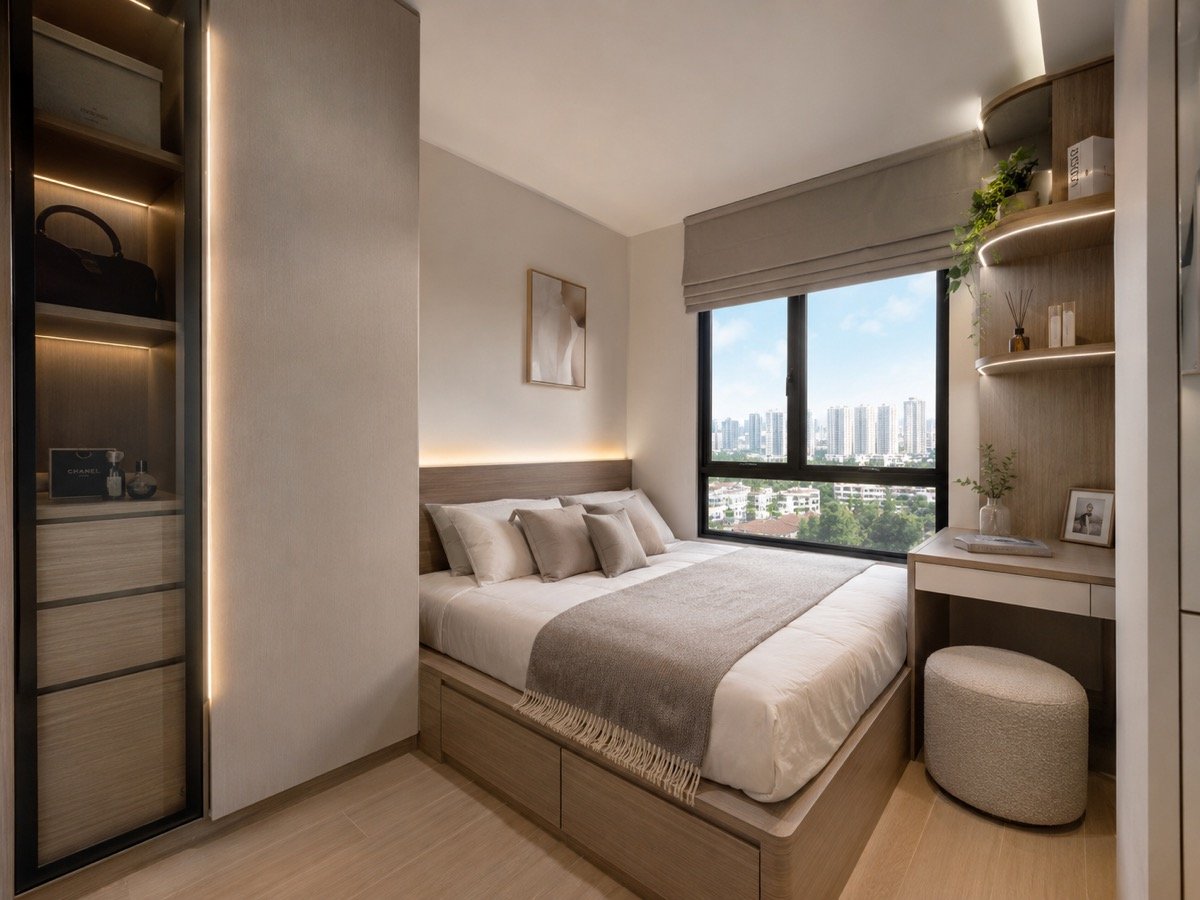 Compact bedroom with built-in study and wardrobe