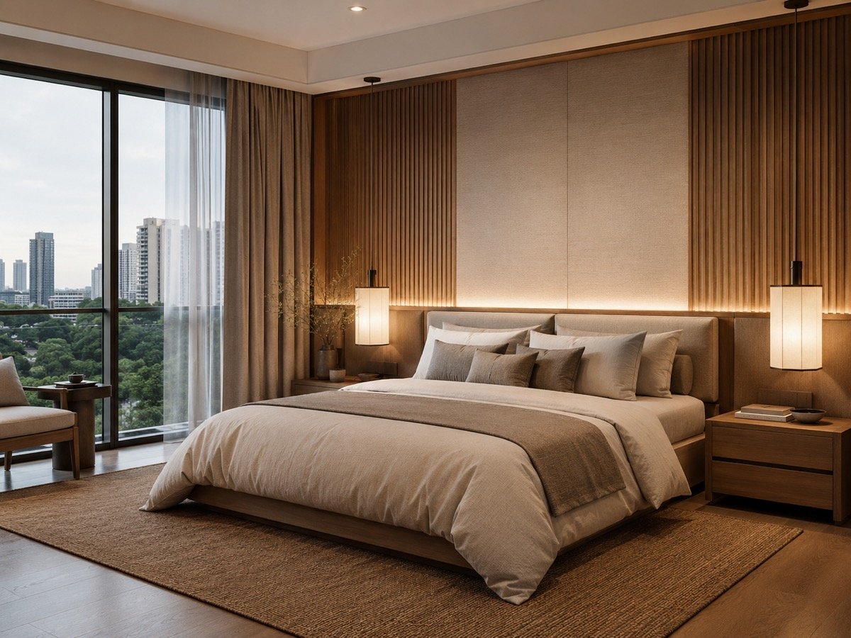 Master bedroom retreat with timber feature wall