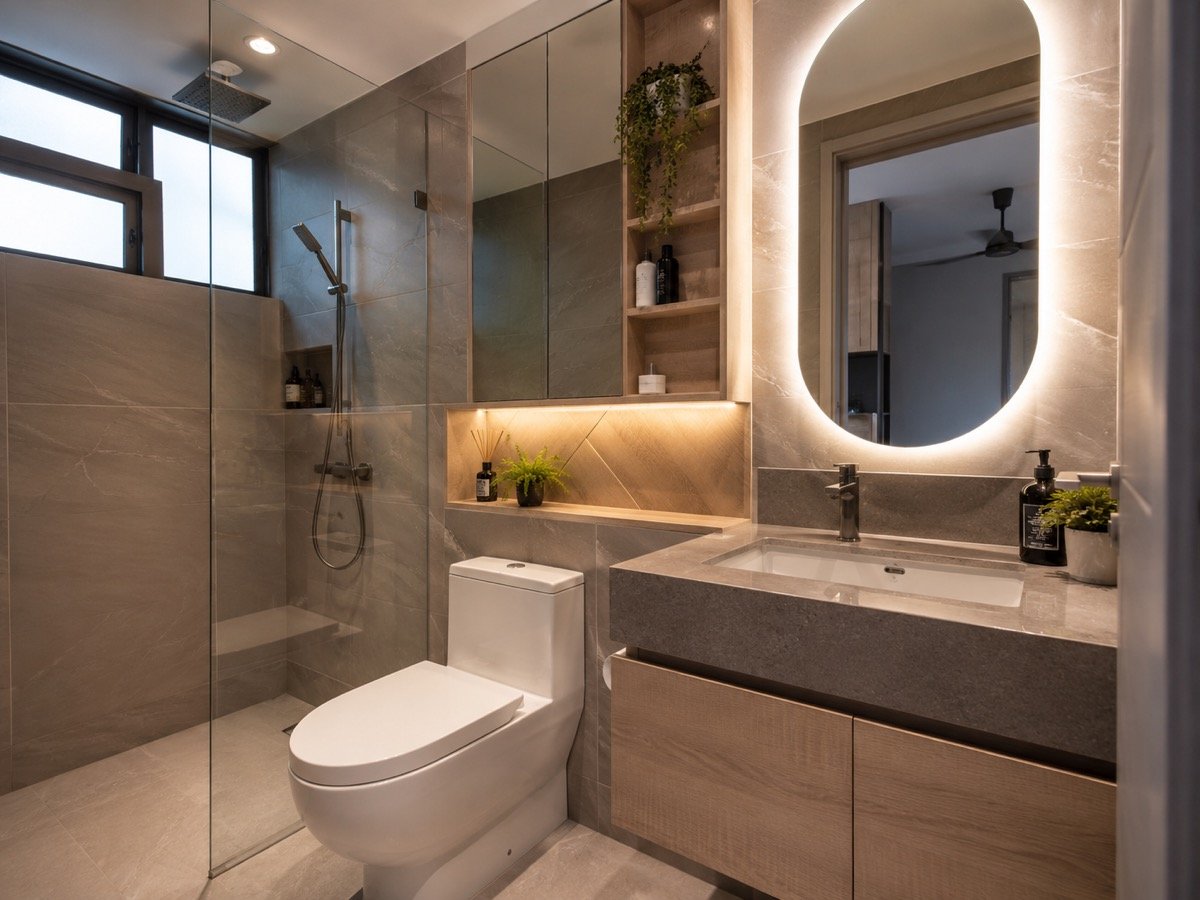 Spa-inspired bathroom with backlit mirror