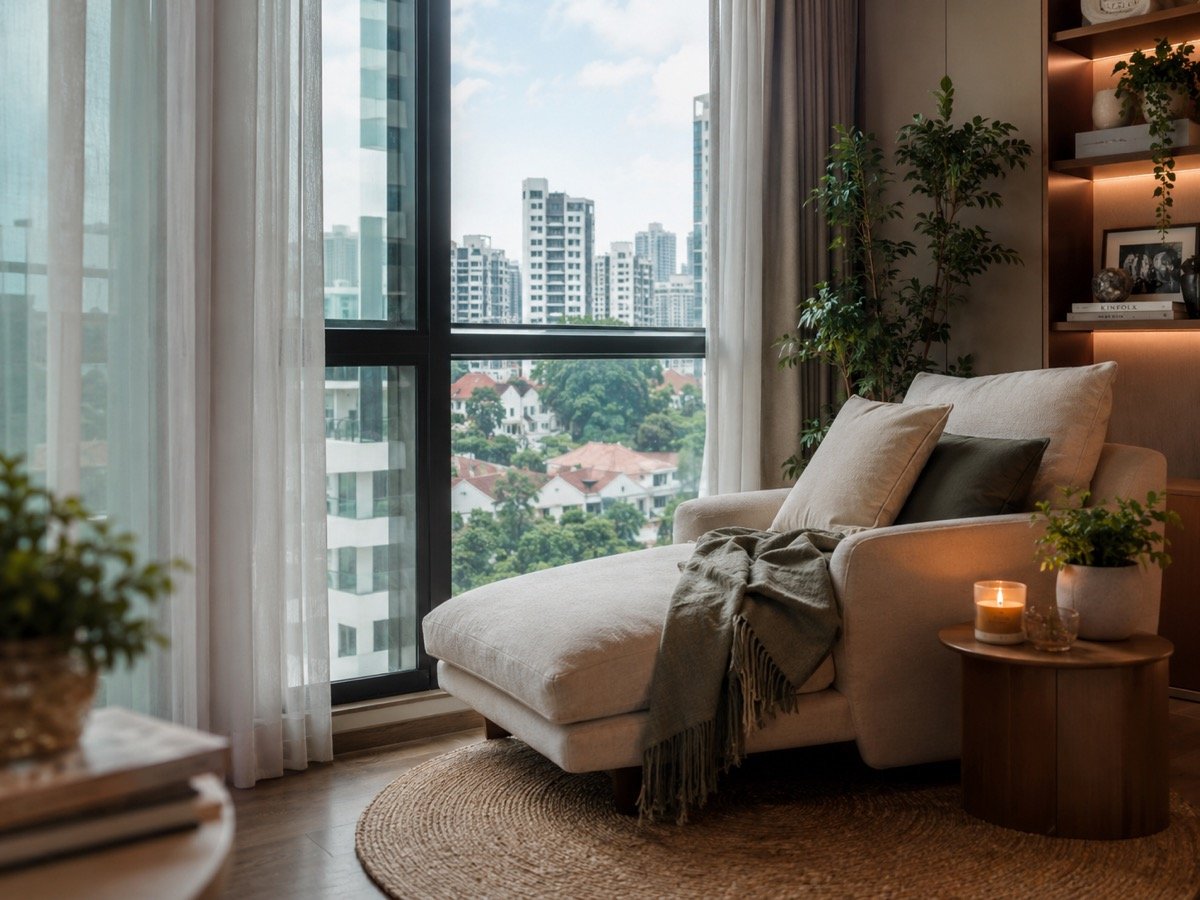Cosy reading nook with floor-to-ceiling city view