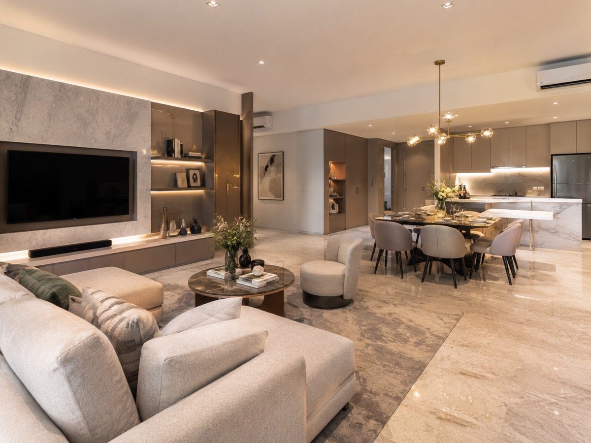 Luxurious open-concept renovated living and dining space in Singapore
