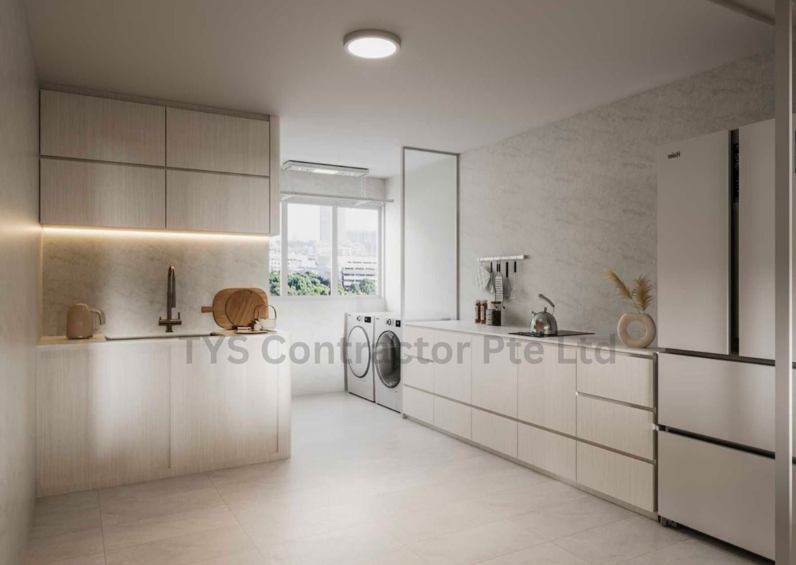 Light timber kitchen with integrated laundry and utility area