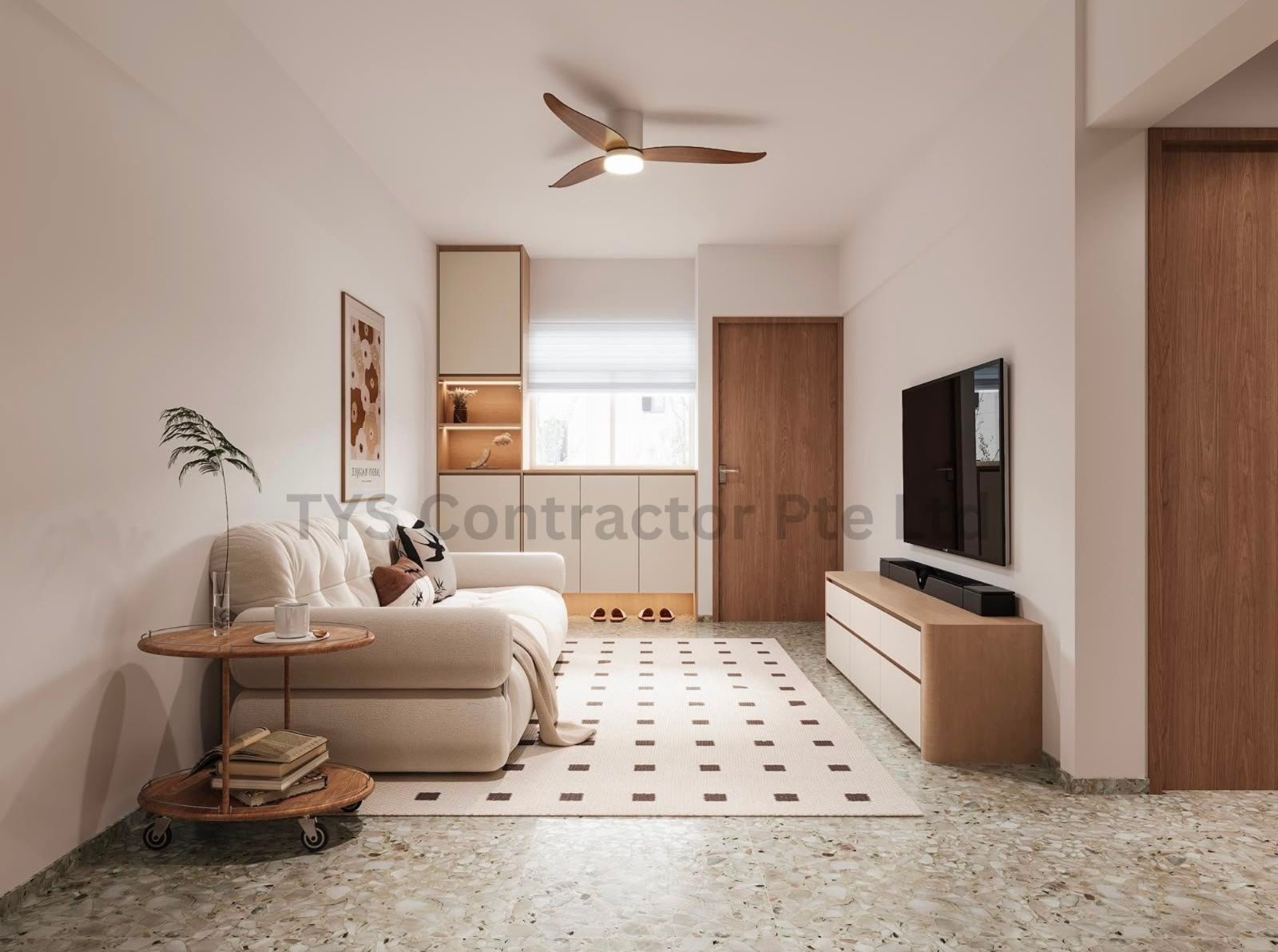 Cosy living room with terrazzo flooring and timber TV console