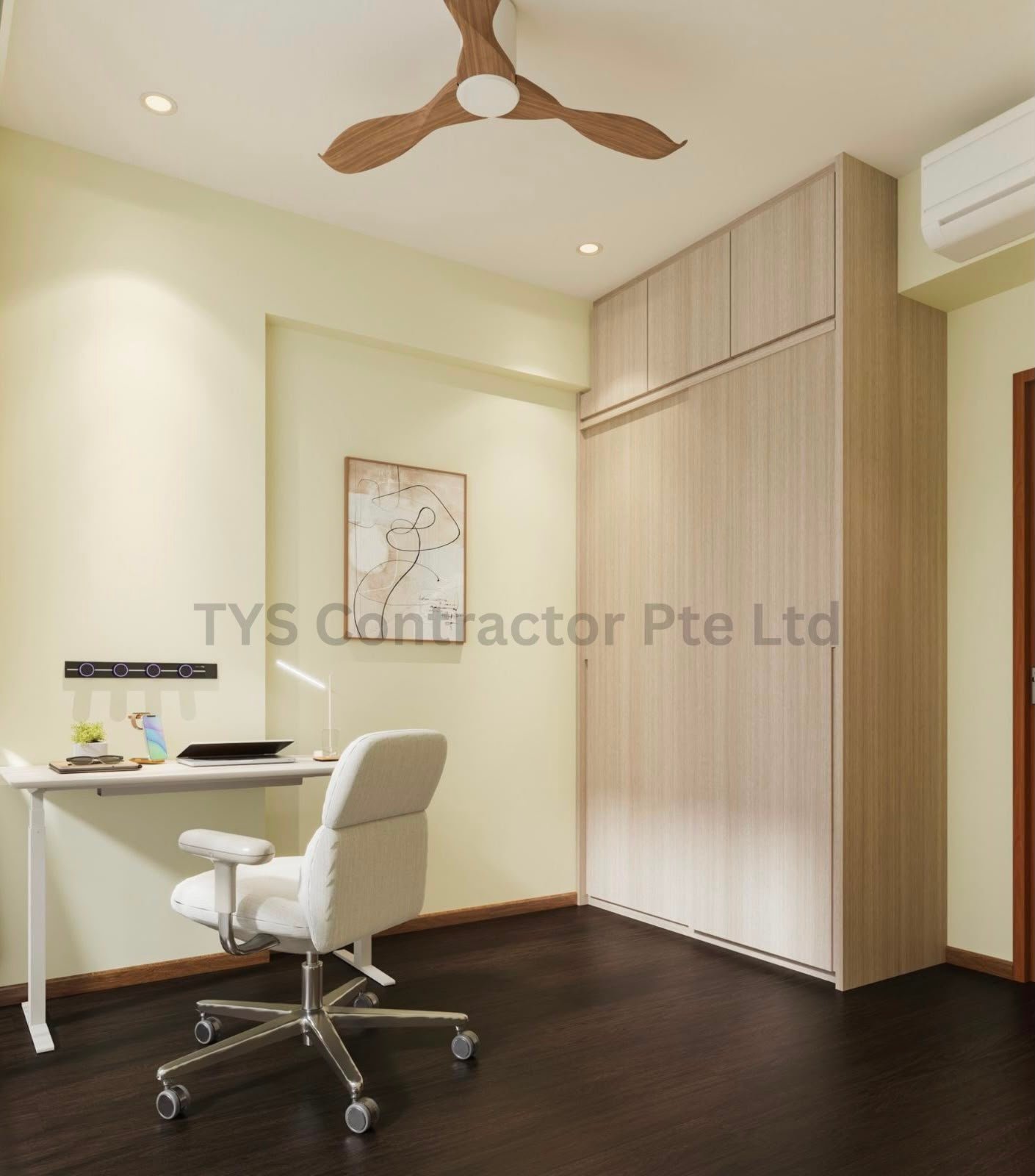 Bedroom with built-in study desk and full-height wardrobe