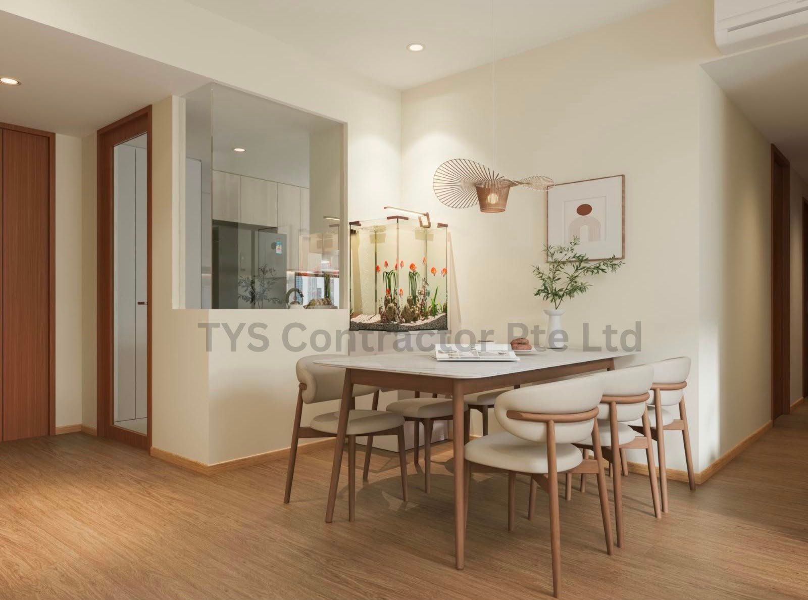 Dining area with glass partition, sintered-stone table and feature aquarium
