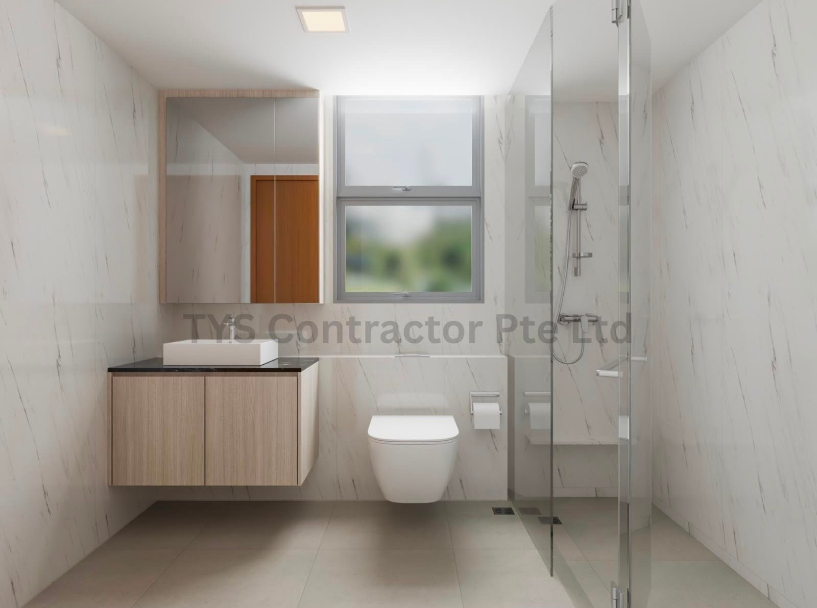 Bathroom with marble-effect tiles, floating vanity and walk-in shower