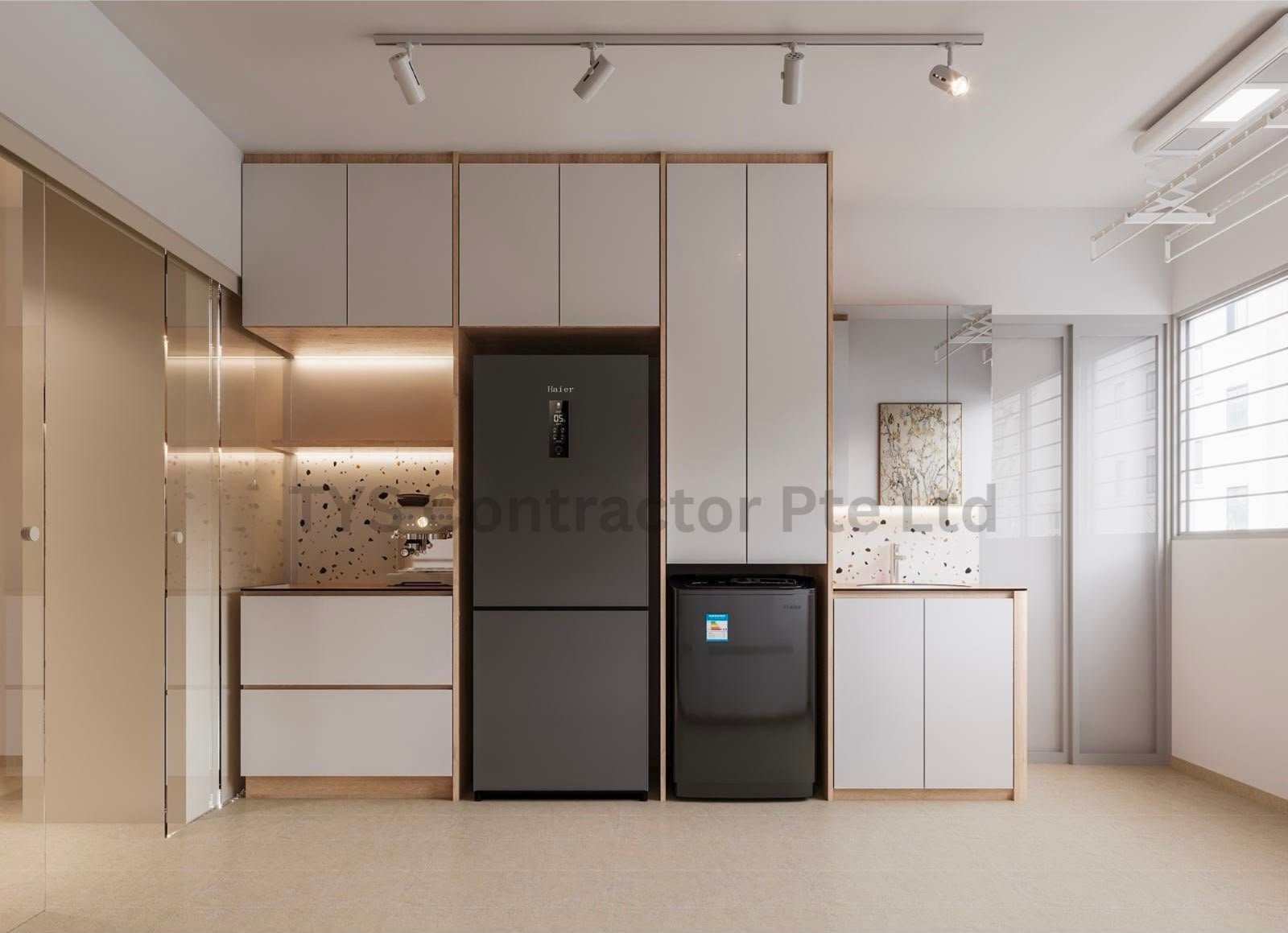 Contemporary kitchen with terrazzo backsplash and full-height cabinets