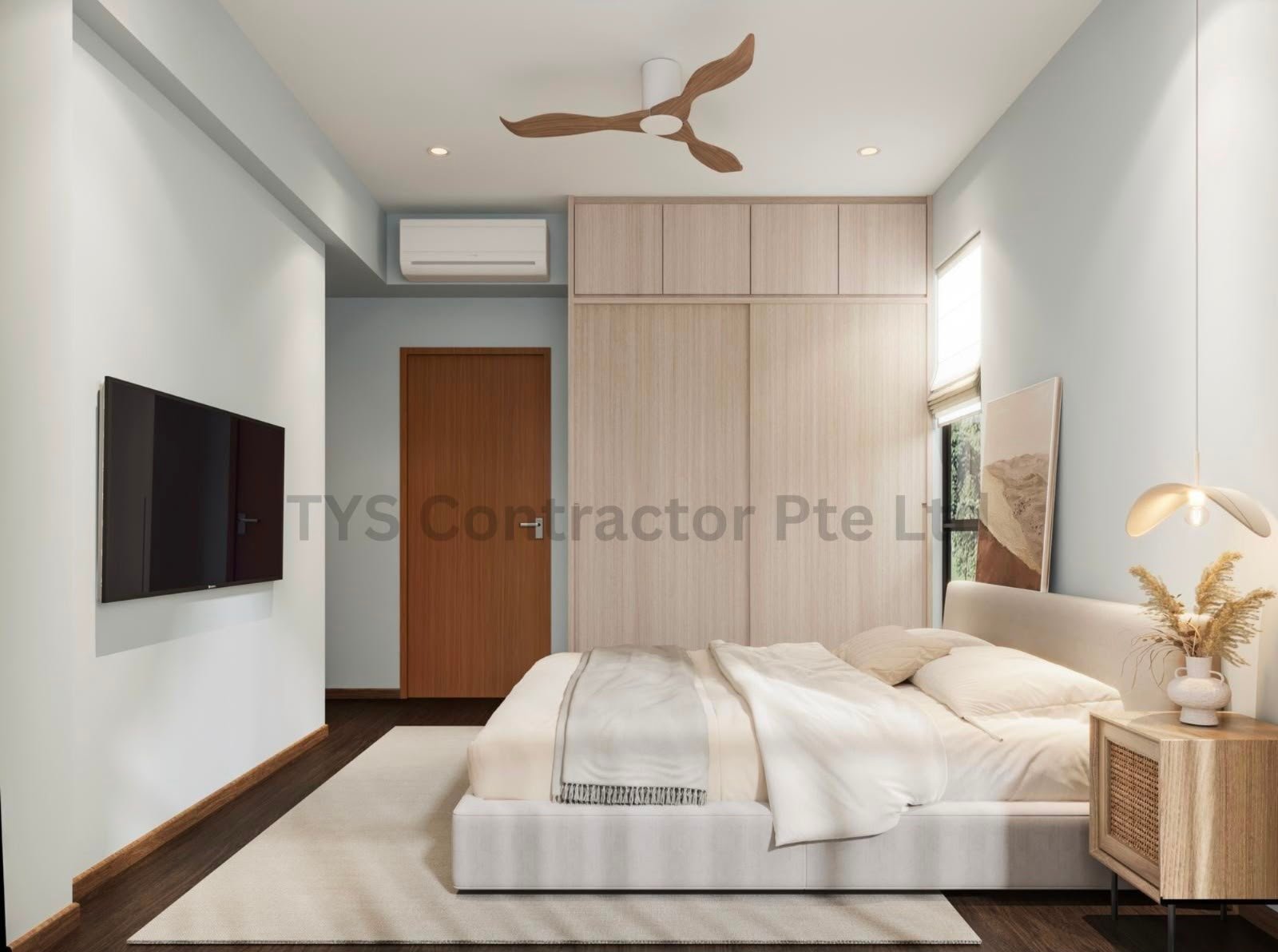 Master bedroom with feature TV wall and built-in wardrobe