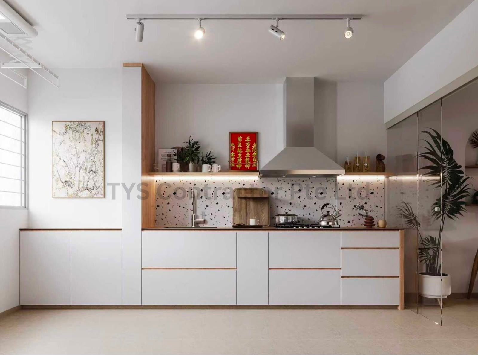 Timber and white kitchen with terrazzo backsplash and chimney hood