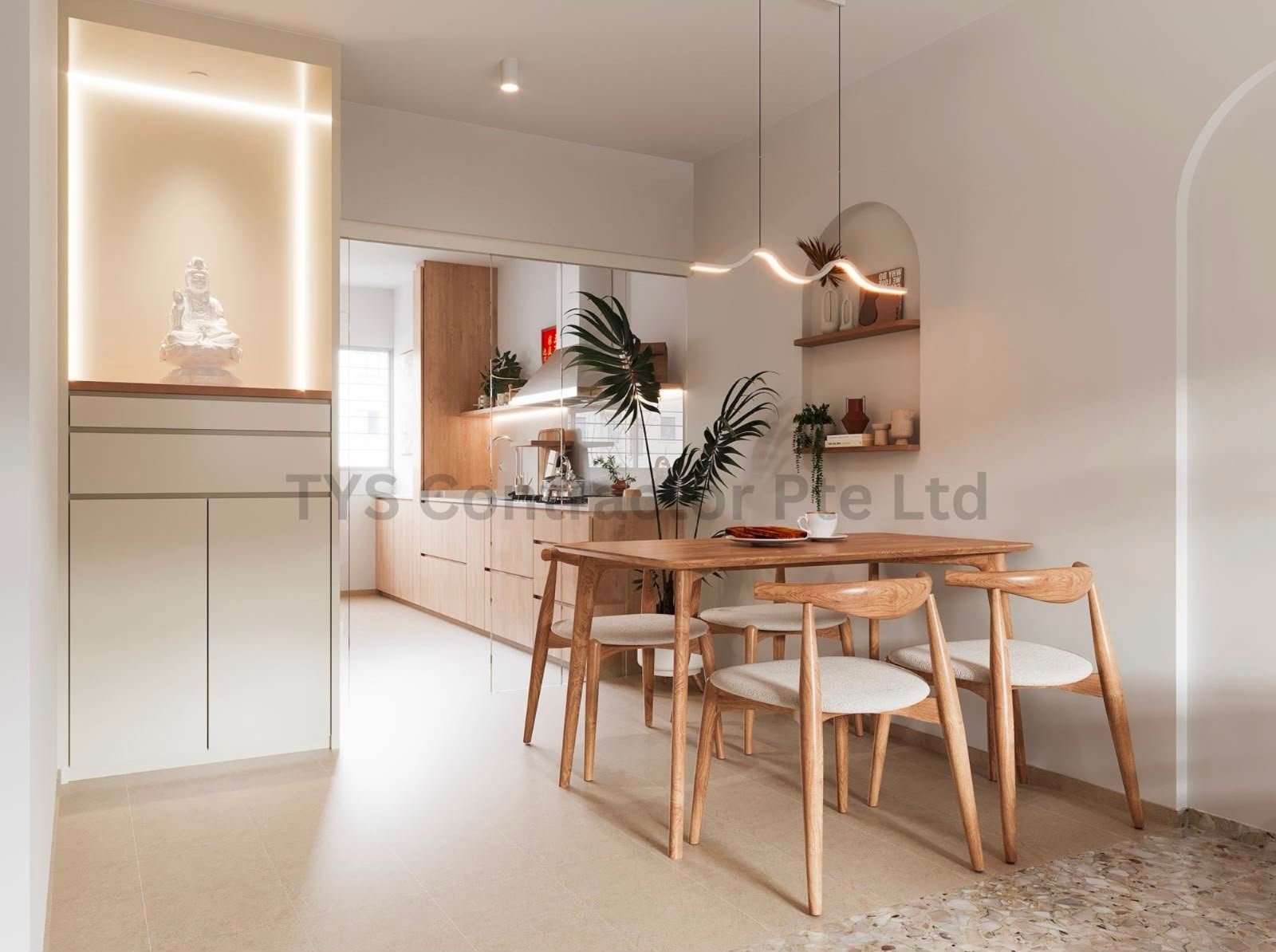 Japandi dining area with timber table and warm lit feature niche